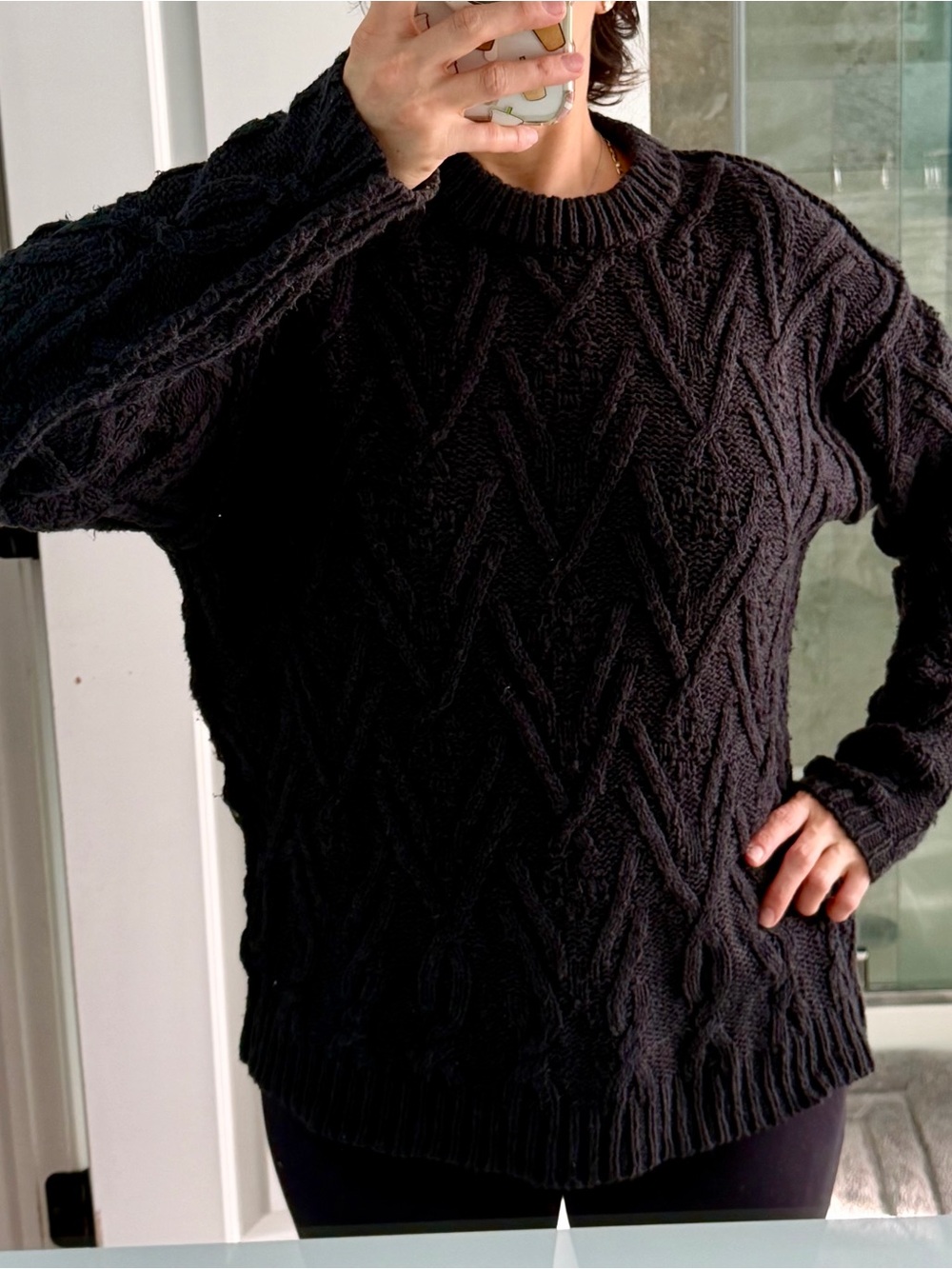 Free People Black Cable-Knit Crewneck Sweater